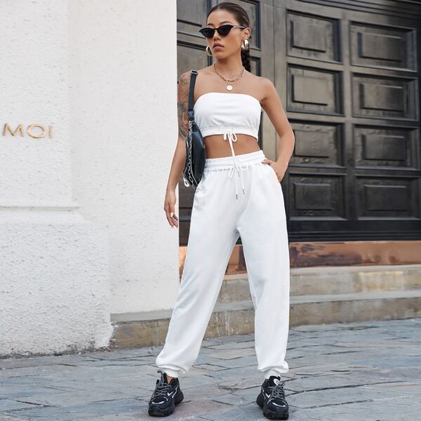 

Tie Front Bandeau Top & Sweatpants Set, White