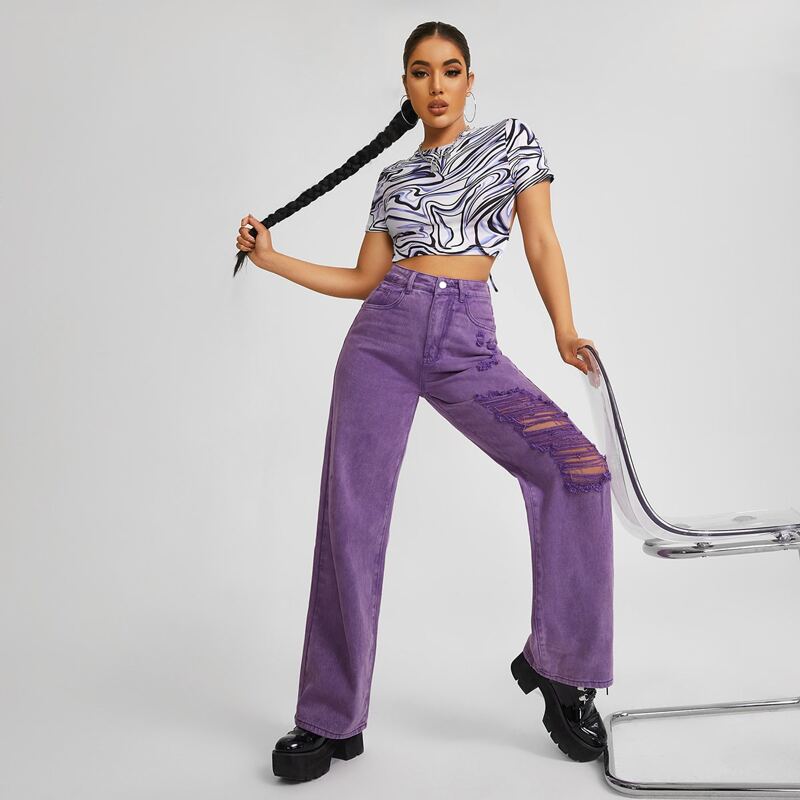

High Waist Ripped Wide Leg Jeans, Purple