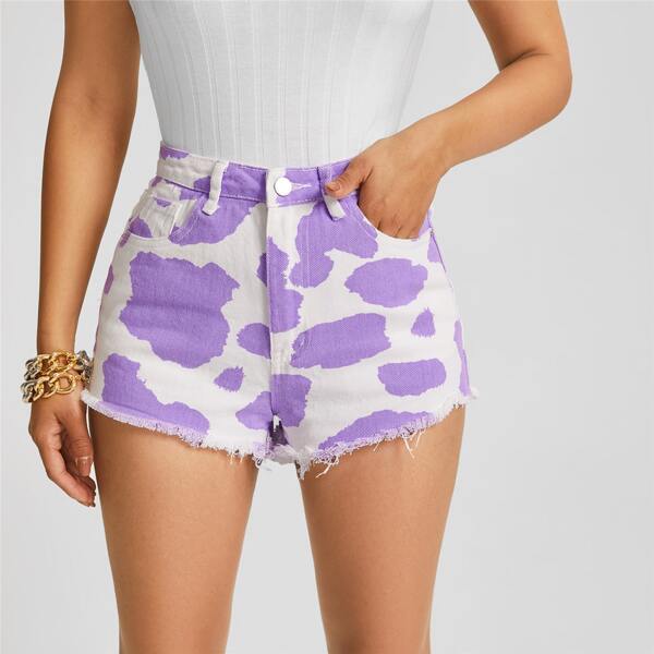 

Raw Hem Cow Print Denim Shorts, Multicolor