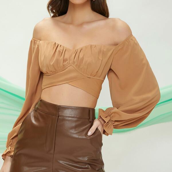 

Flounce Sleeves Tie Back Bardot Top, Camel