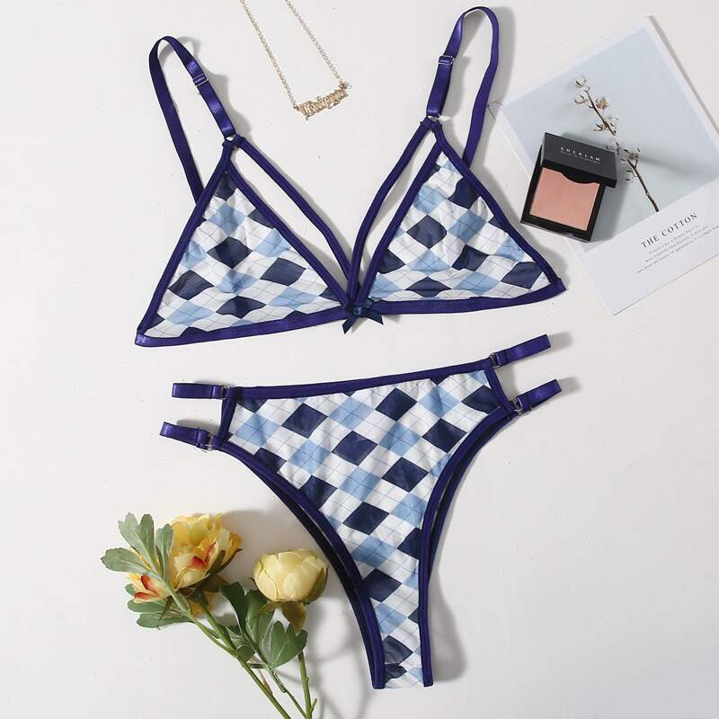 

Argyle Print Cut-out Lingerie Set, Blue