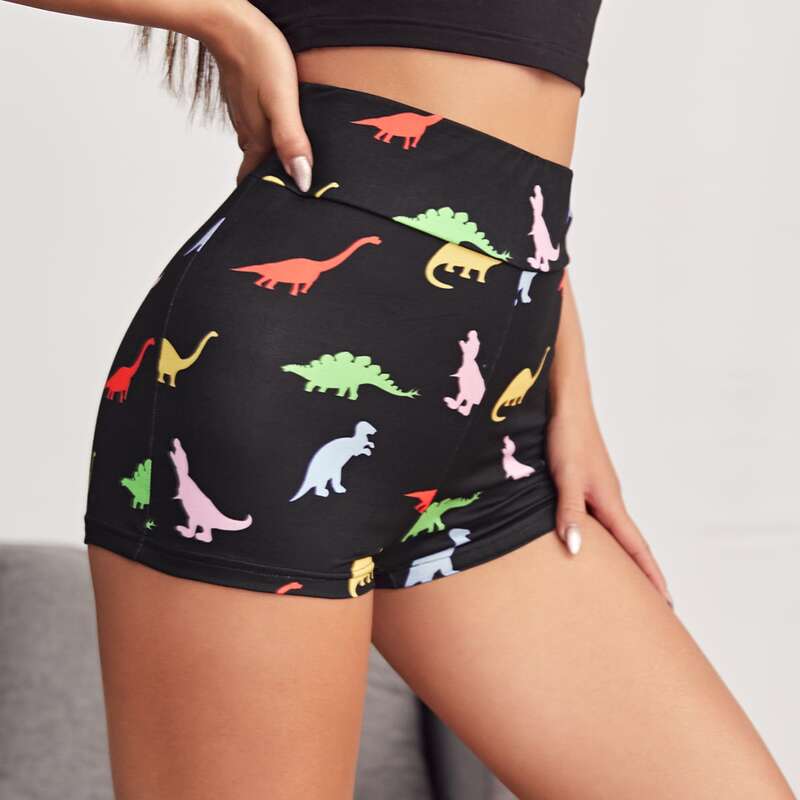 

Dinosaur Print Wide Waistband Legging Shorts, Black