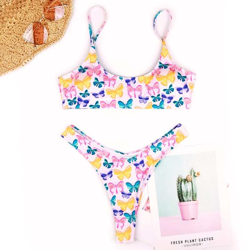 

Butterfly Print High Leg Bikini Swimsuit, Multicolor
