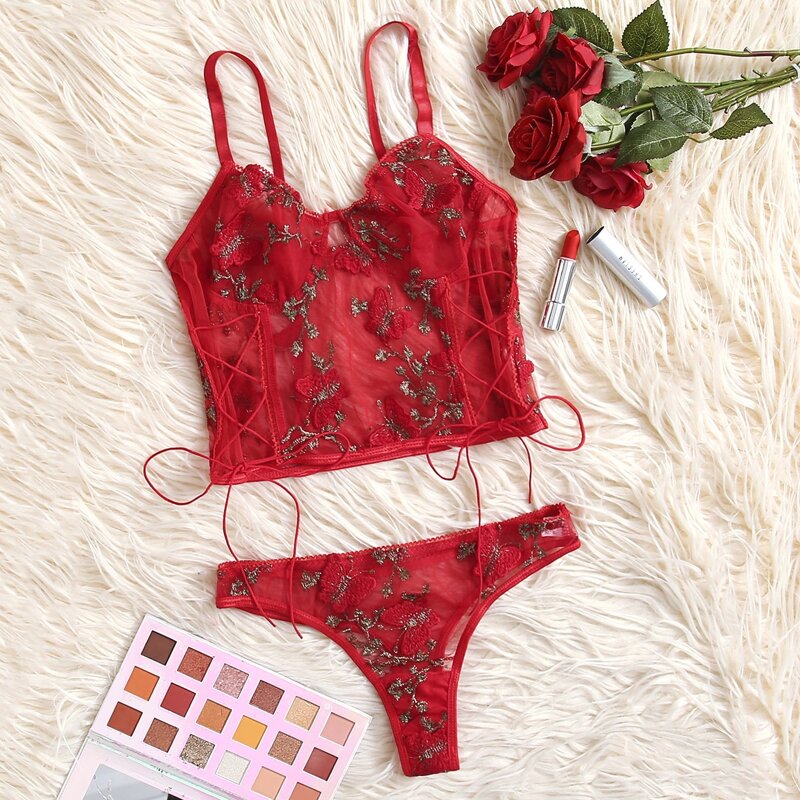 

Lace Floral Lace Up Lingerie Set, Red