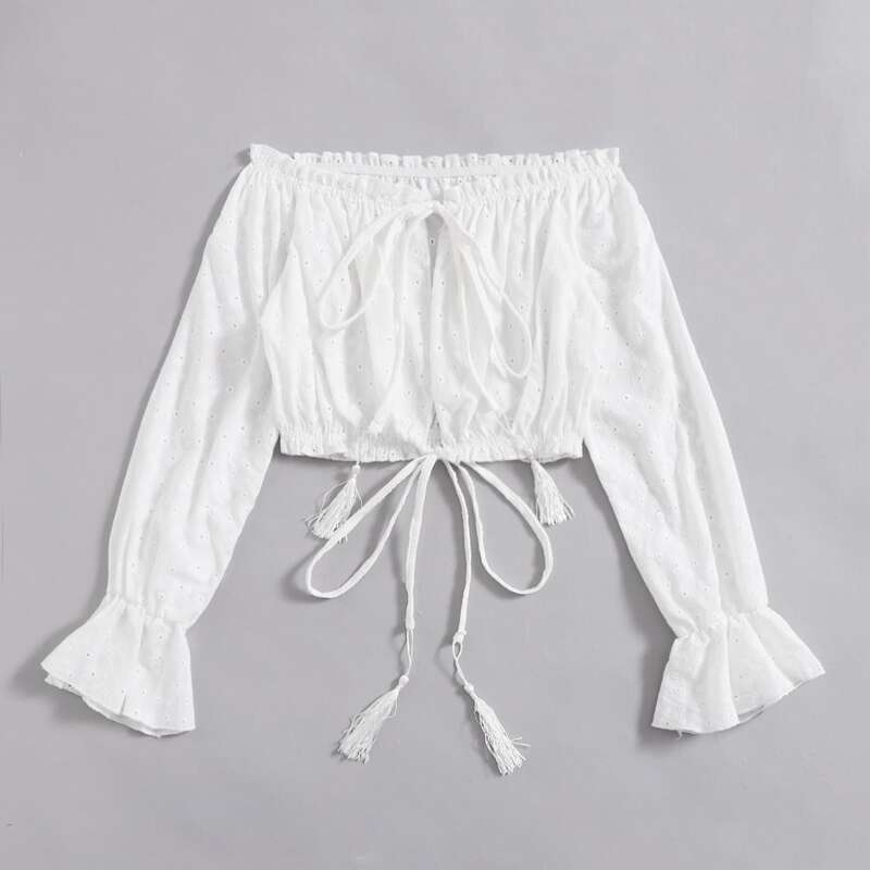 

Solid Eyelet Embroidery Crop Top, White