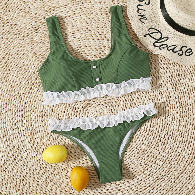 

Ribbed Frill Trim Bikini Swimsuit, Green