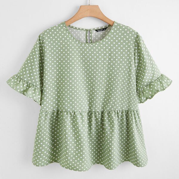 

Plus Polka Dot Ruffle Hem Blouse, Mint green