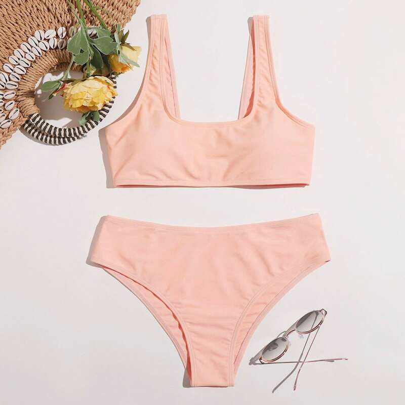 

Solid Scoop Neck Bikini Swimsuit, Coral orange
