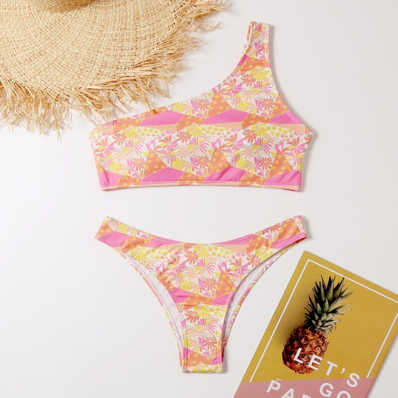 

Floral & Geometric One Shoulder Bikini Swimsuit, Multicolor