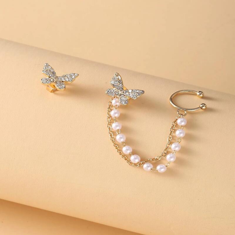 

2pcs Faux Pearl Chain Earring Set, Gold