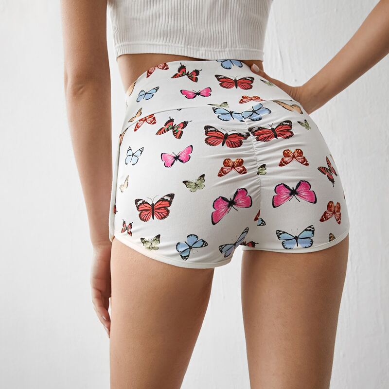 

Butterfly Print Wide Waistband Ruched Legging Shorts, Multicolor