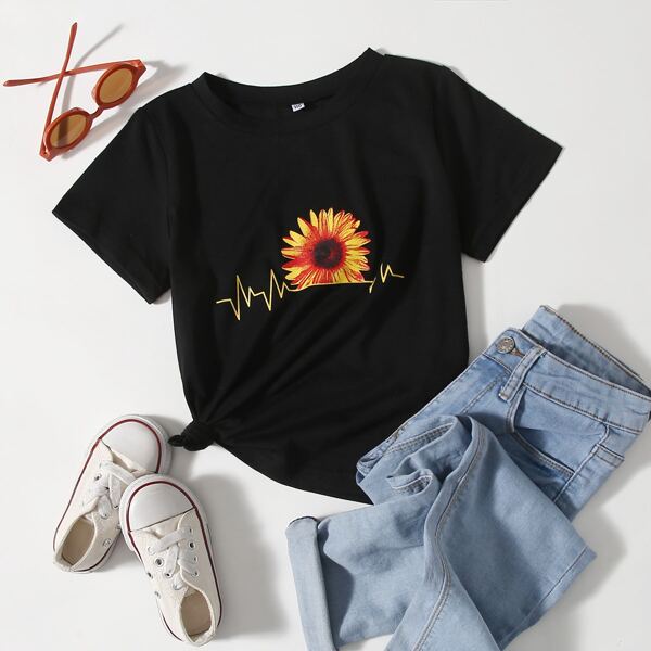 

Toddler Girls Floral Print Tee, Black