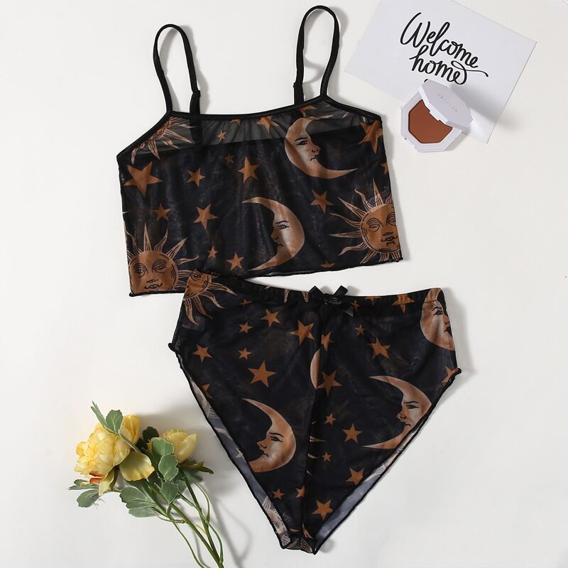 

Sun & Moon Print Lingerie Set, Black