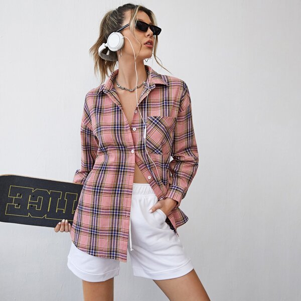 

Collared Pocket Front Tartan Blouse, Multicolor