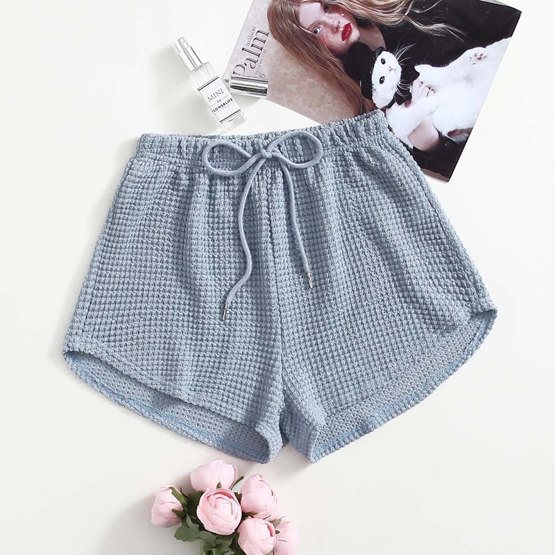 

Drawstring Waist Waffle Lounge Shorts, Dusty blue
