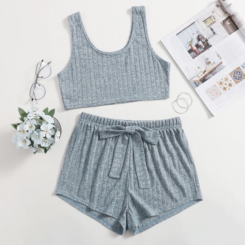 

Solid Tank Top & Tie Front Shorts Lounge Set, Dusty blue