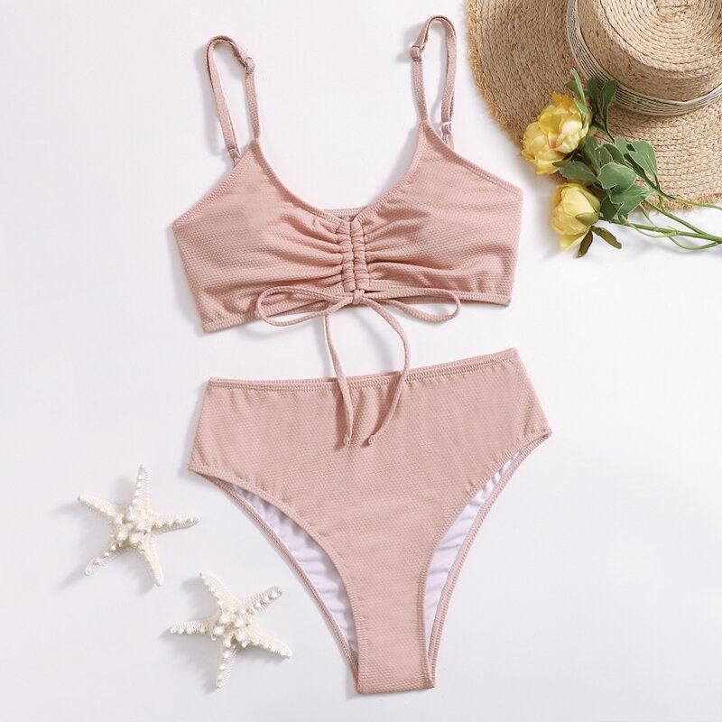 

Drawstring High Waist Bikini Swimsuit, Baby pink