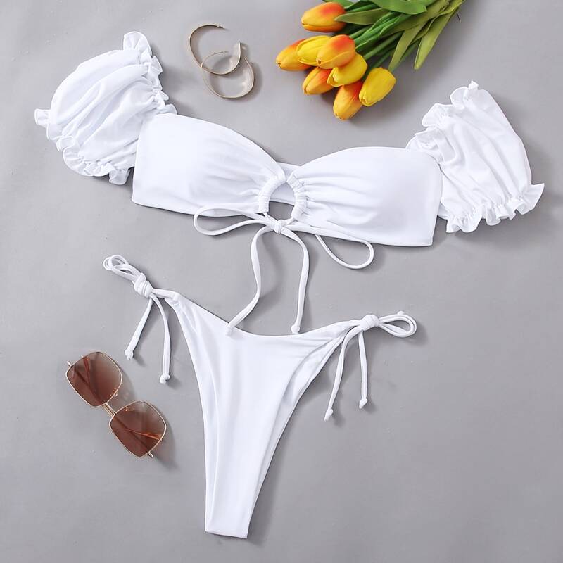 

Ruched Drawstring Front Puff Sleeve Swimsuit, White