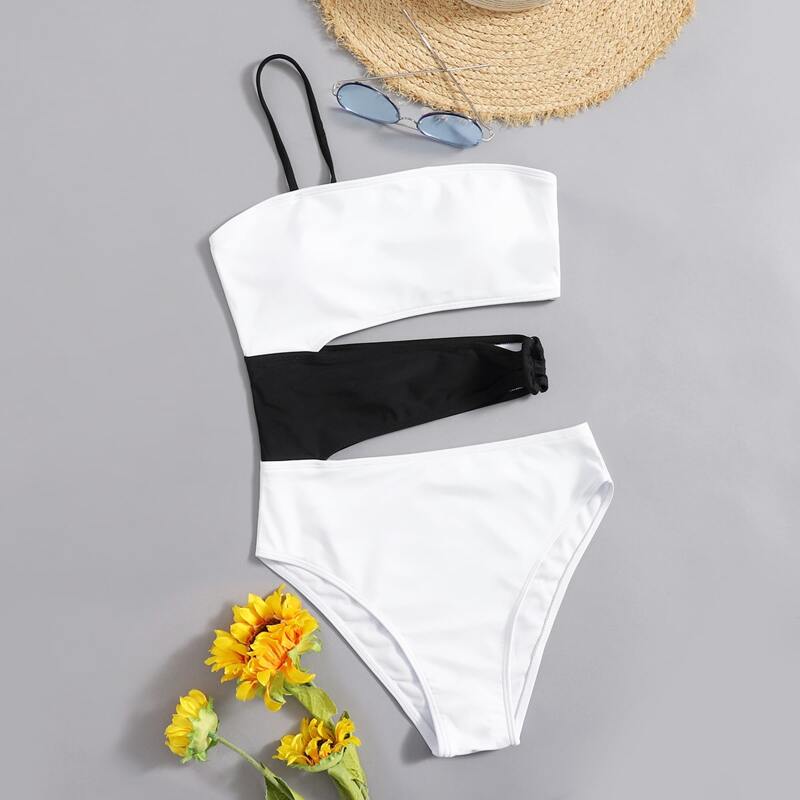 

Colorblock Cut-out One Piece Swimsuit, Black and white
