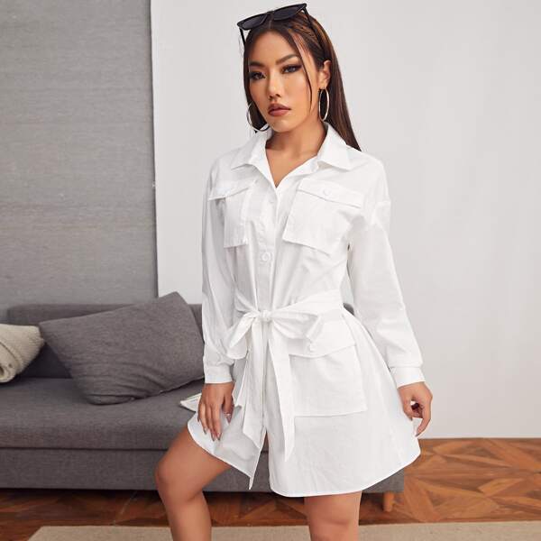 

Collared Flap Pocket Front Self Belted Dress, White
