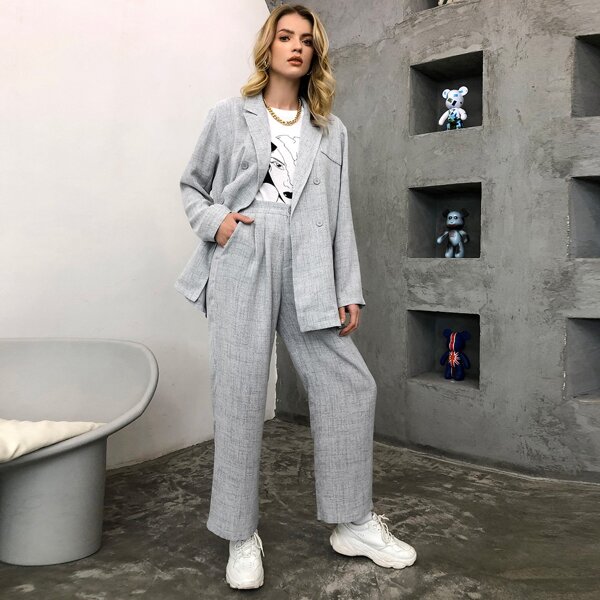 

Double Button Oversized Blazer & Pants Set, Light grey