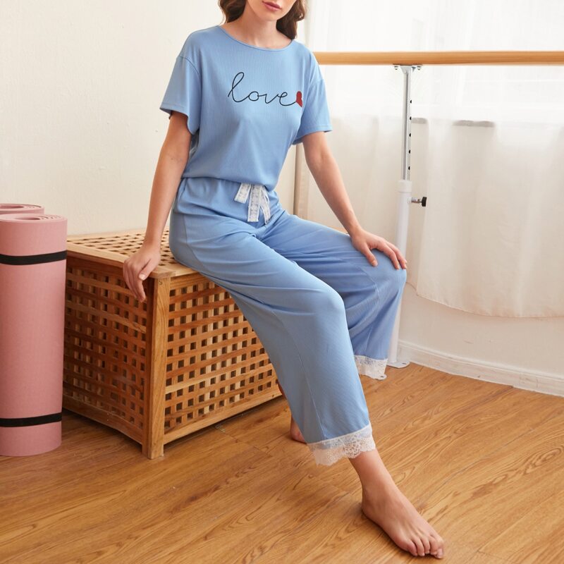 

Heart and Letter Print Tee & Lace Trim Pants PJ Set, Dusty blue