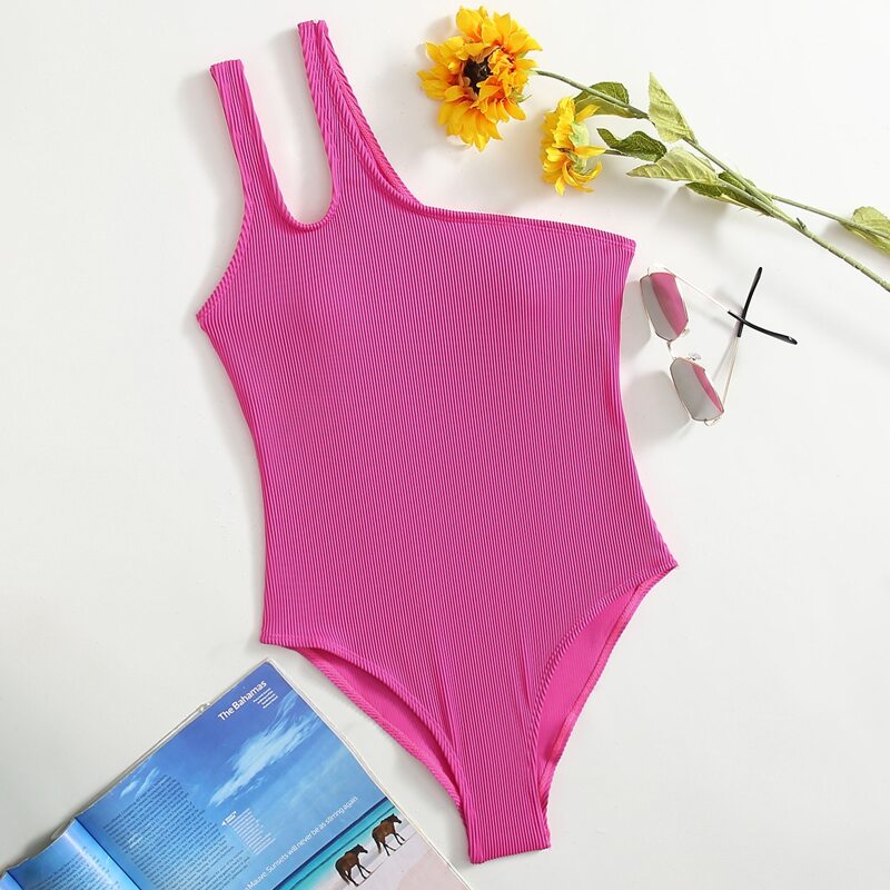 

Asymmetrical Neck One Piece Swimsuit, Hot pink