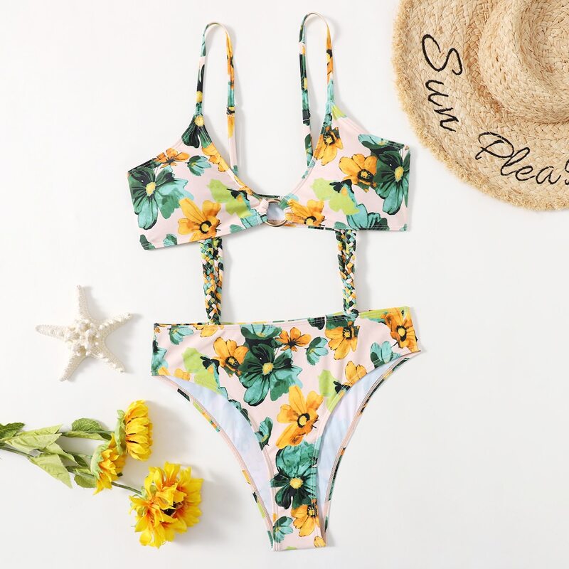 

Floral Cut-out One Piece Swimsuit, Multicolor