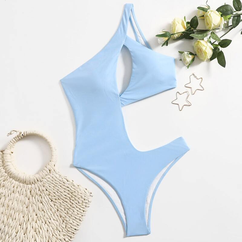 

One Shoulder Cut-out One Piece Swimsuit, Baby blue