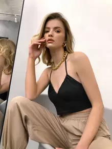 SHEIN Unity Tie Back Halter Top - Black - View 1