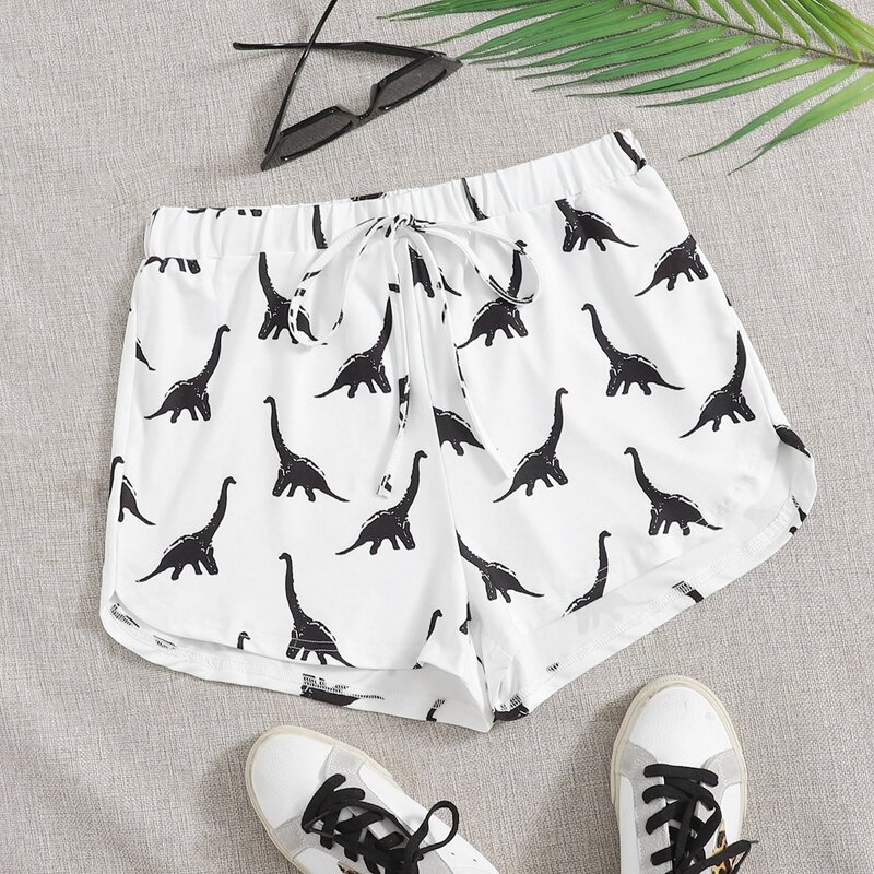 

Dinosaur Print Tie Front Shorts, White