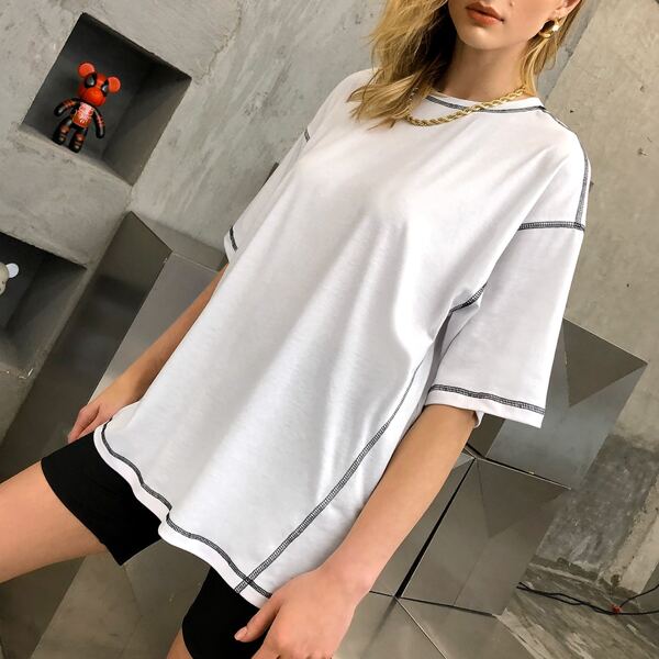 

Stitch Trim Drop Shoulder Longline Tee, White
