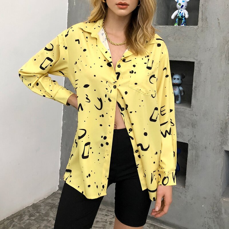 

Button Front Patch Pocket Graffiti Top, Yellow