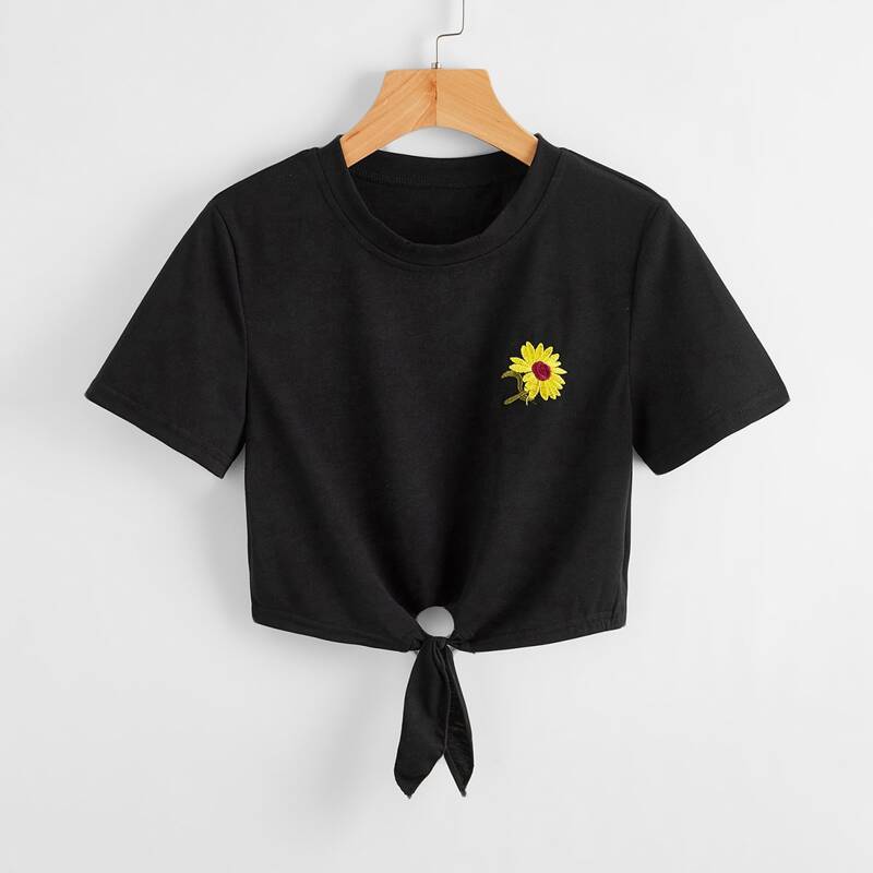 

Flower Embroidery Knot Crop Tee, Black