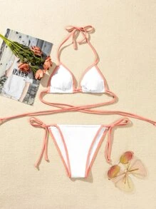 Conjunto de bikini triangular de tanga con ribete de contraste - Blanco - Ver 3