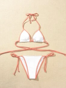 Conjunto de bikini triangular de tanga con ribete de contraste - Blanco - Ver 6