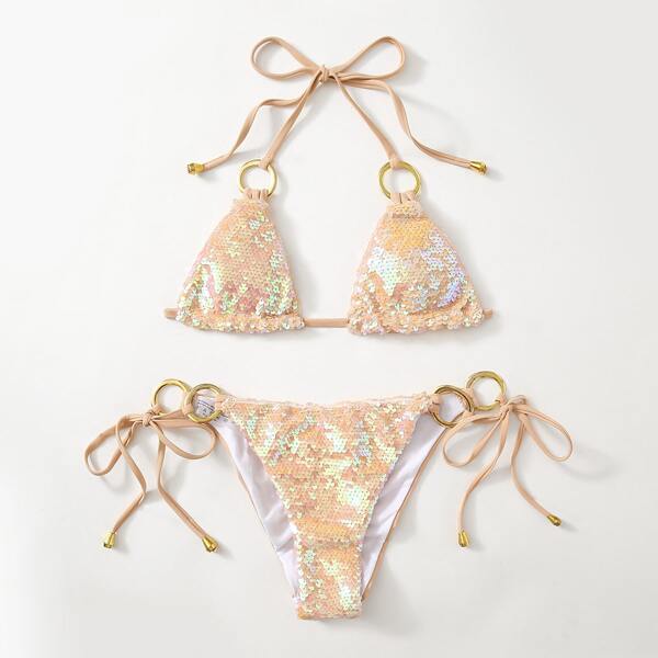

Sequin Overlay Triangle Bikini Swimsuit, Apricot