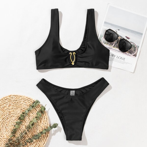 

Metal Linked Cheeky Bikini Swimsuit, Black