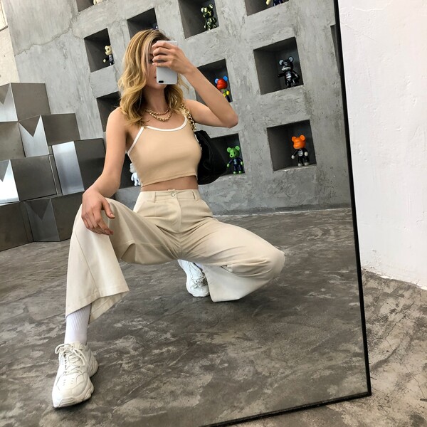 

Contrast Binding Rib-knit Cami Crop Top, Apricot