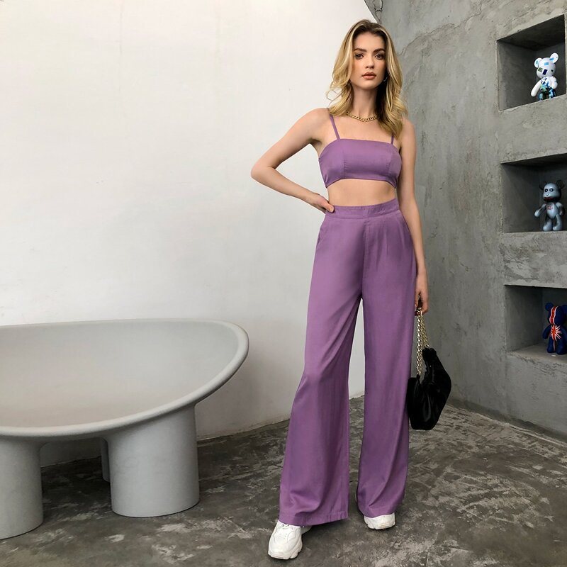 

Shirred Back Cami Top & Wide Leg Pants Set, Purple
