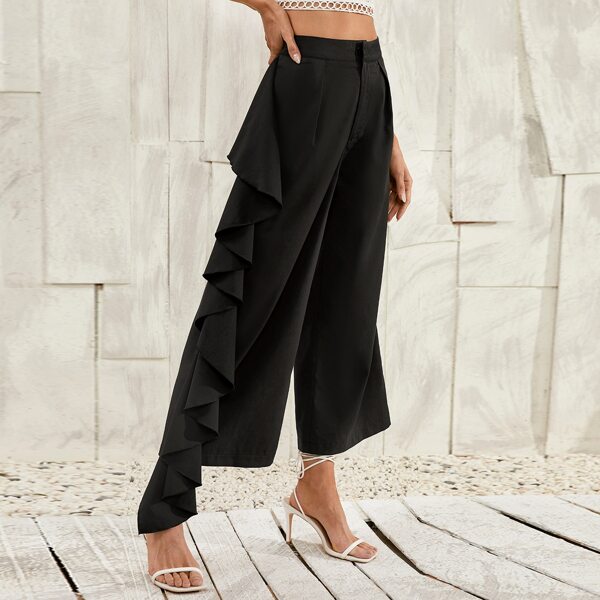 

Exaggerated Ruffle Wide Leg Cropped Pants, Black