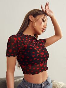 SHEIN EZwear Lettuce Edge Heart Mesh Top Without Bra - Multicolor - View 4