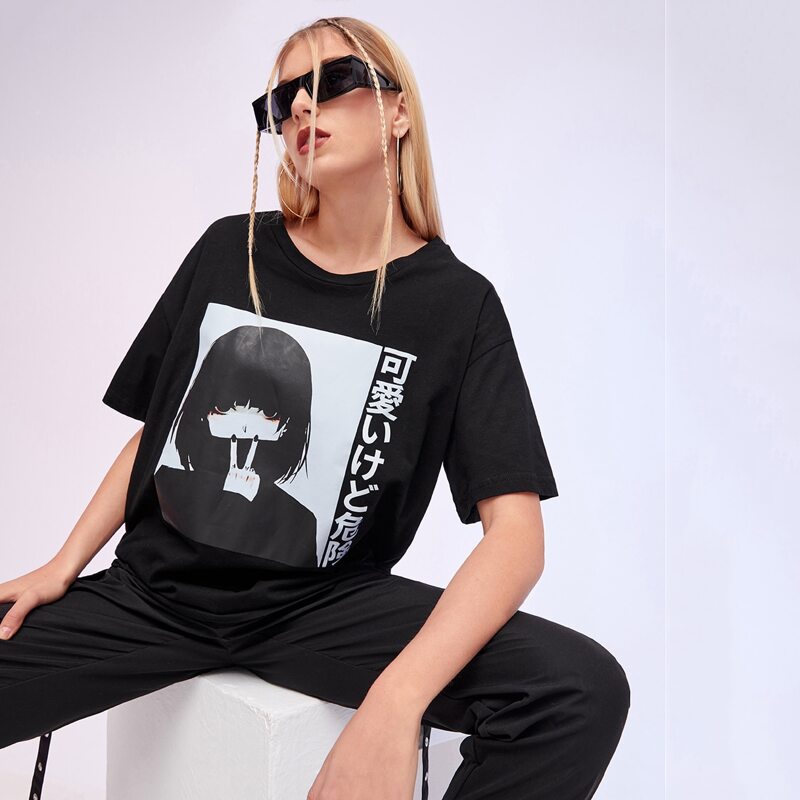 

Figure & Letter Graphic Oversized Tee, Black