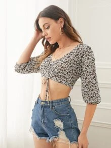 SHEIN Unity 抽褶抽繩結飾小碎花短版上衣 - 彩色 - 查看 3