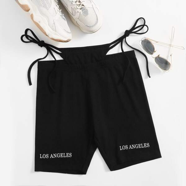 

Cut Out Tie Side Letter Graphic Biker Shorts, Black