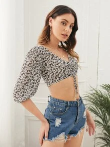 SHEIN Unity 抽褶抽繩結飾小碎花短版上衣 - 彩色 - 查看 4