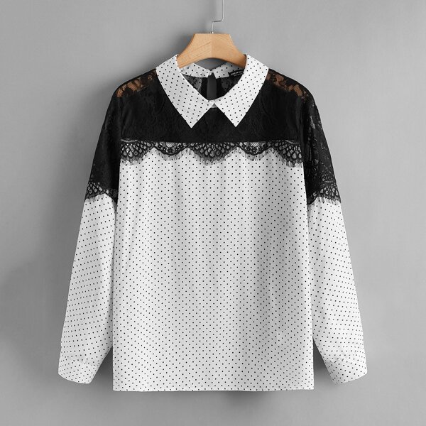 

Plus Polka Dot Lace Yoke Blouse, White