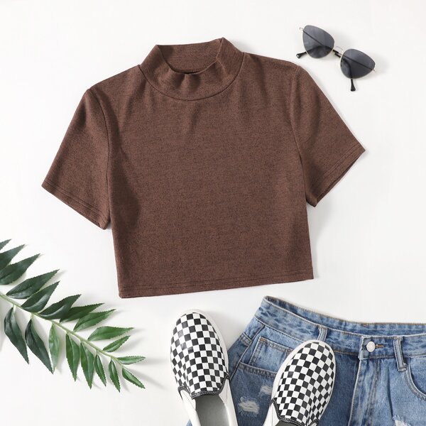

Mock Neck Marled Knit Tee, Coffee brown