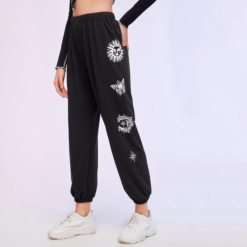 

Sun & Moon Graphic Sweatpants, Black