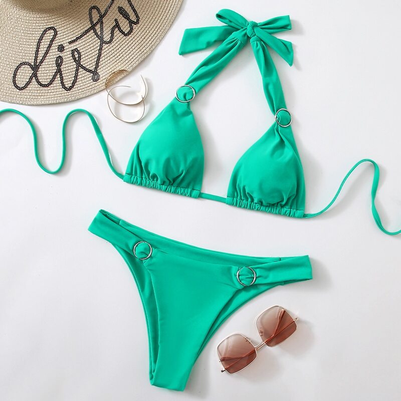 

Ring Decor Halter Bikini Swimsuit, Green